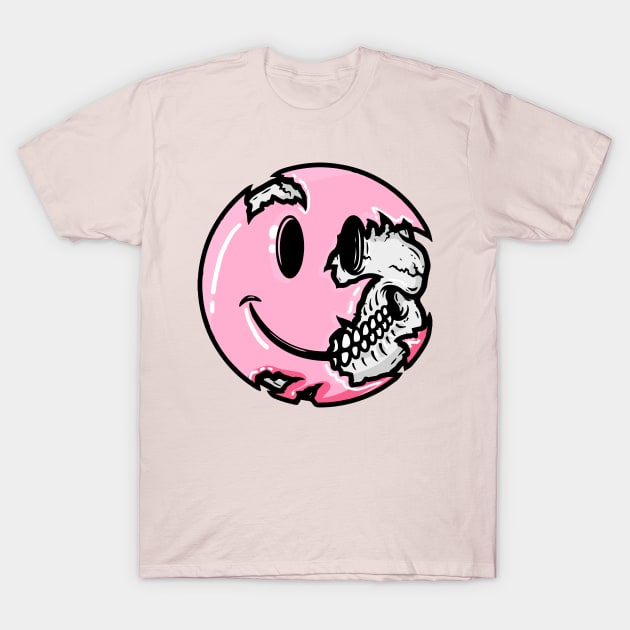 Creepy Pastel Goth Pink Smiley Face Skull Emoji T-Shirt by PUFFYP